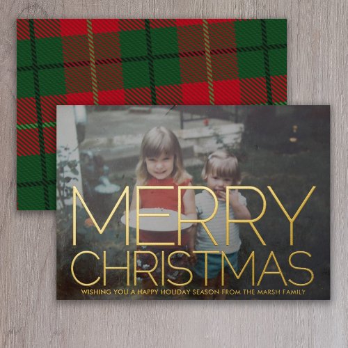 Horizontal Photo _ Green Plaid _ Merry Christmas Foil Holiday Card