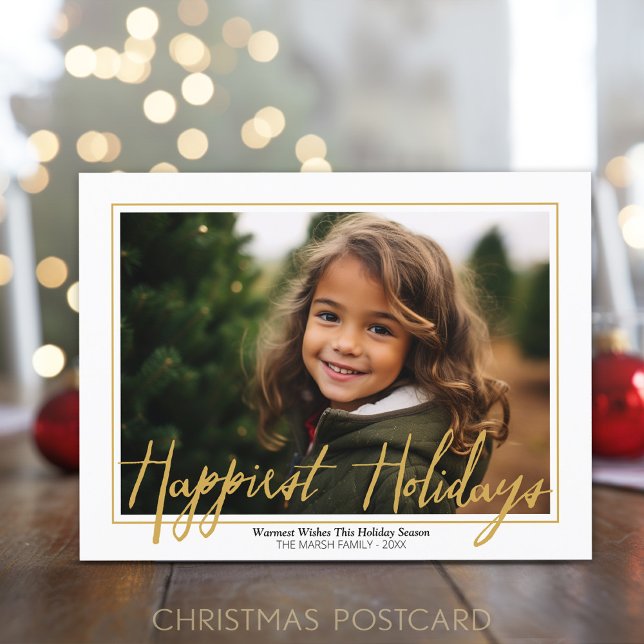 Horizontal Photo - Happiest Script white border - Holiday Postcard (Holiday Photo Postcard)