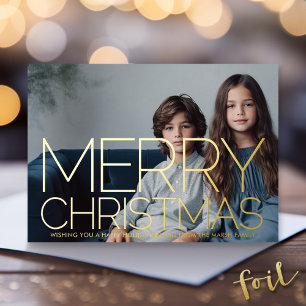 Horizontal Photo - Merry Christmas Blue Watercolor Foil Holiday Card