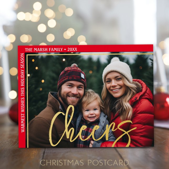 Horizontal Photo - Offset Huge Script - Cheers Foil Holiday Postcard (Holiday Photo Postcard)