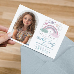 Horizontal Pink I Purple Rainbow & Hearts Birthday Invitation