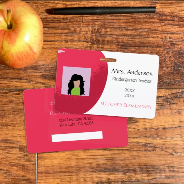 Horizontal Red Apple Teacher White Photo ID Badge (Horizontal red apple teacher white photo ID badge .)