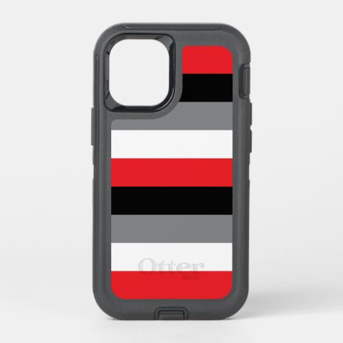 Horizontal Red Black White Gray Stripe Pattern OtterBox Defender iPhone 12 Mini Case