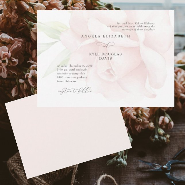 Horizontal Romantic Blush Rose Blossom Wedding  Invitation (Creator Uploaded)