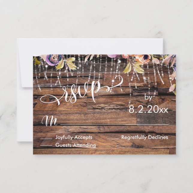 Horizontal Rustic Wood, Light Strings & Flowers RSVP Card (Front)