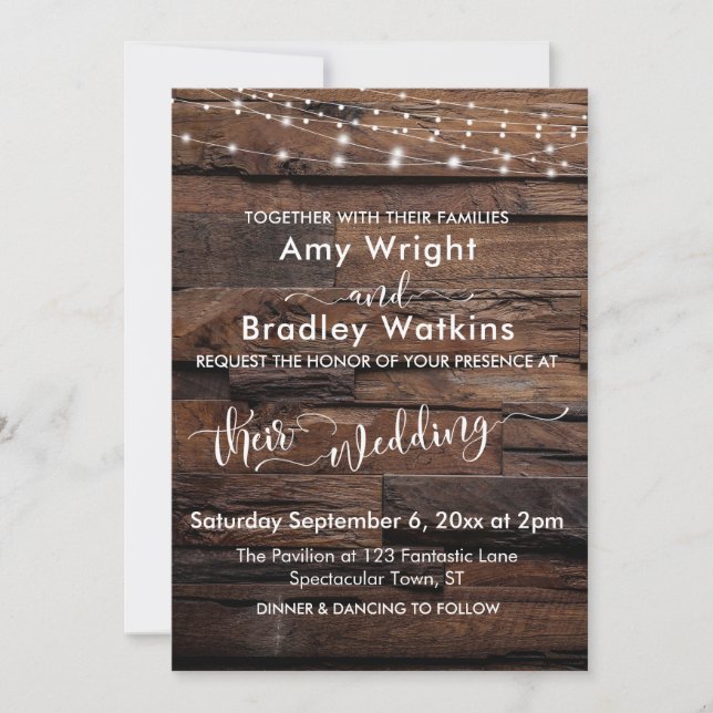 Horizontal Rustic Wood & Light Strings Wedding Invitation (Front)