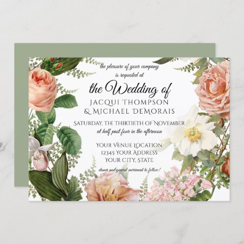 Horizontal Sage Mint Ivory Vintage Floral Wedding Invitation