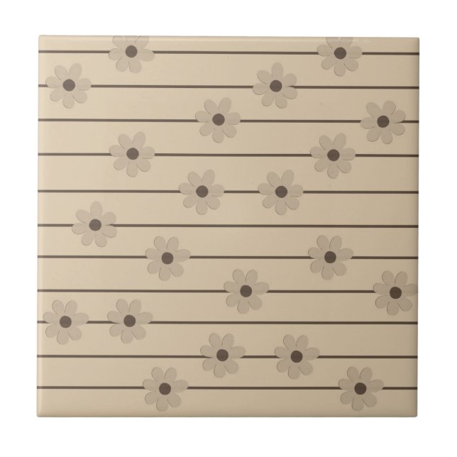 Horizontal Stripe Brown Khaki Flower Y2K Pattern Ceramic Tile (Front)