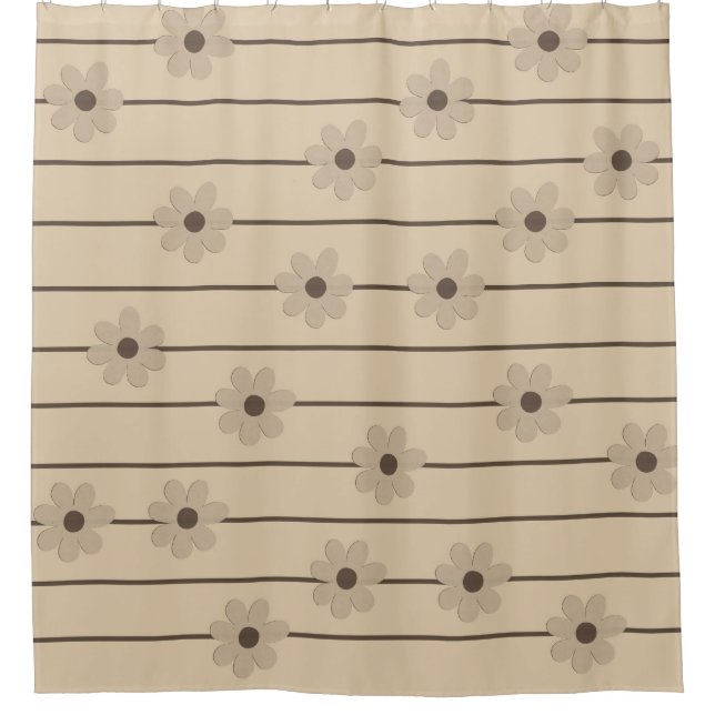 Horizontal Stripe Brown Khaki Flower Y2K Pattern Shower Curtain (Front)