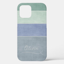 Horizontal Stripe Green, Blue & Grey Personalized iPhone 12 Case