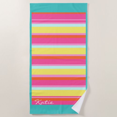 Horizontal Stripes and Border AquaPeach ID404 Beach Towel