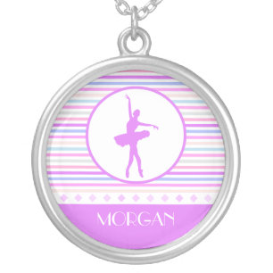 Horizontal Stripes Ballerina Dancer with Monogram Silver Plated Necklace