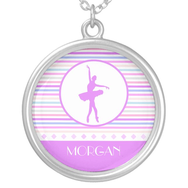 Horizontal Stripes Ballerina Dancer with Monogram Silver Plated Necklace (Front)