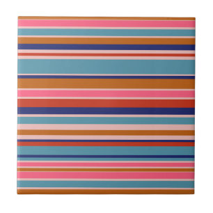 Horizontal stripes blue pink terracotta retro ceramic tile