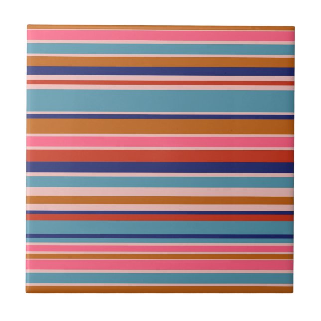 Horizontal stripes blue pink terracotta retro  ceramic tile (Front)