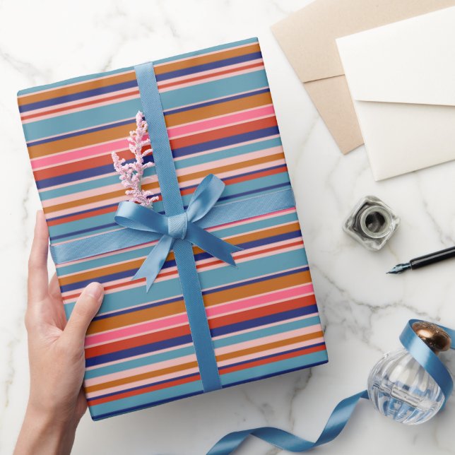 Horizontal stripes blue pink terracotta retro  wrapping paper (Gifting)