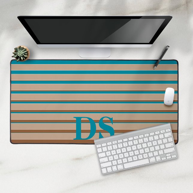 Horizontal Stripes Brown & Blue Monogram Desk Mat (desk mat with stripes in blue and brown with monogramm)