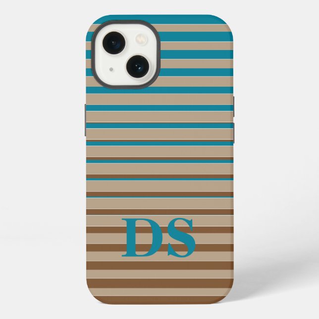 Horizontal Stripes Brown & Blue Monogram Iphone Case (Back)