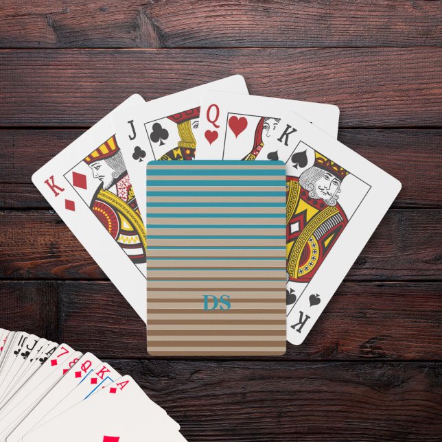 Horizontal Stripes Brown & Blue Monogram Poker Cards (monogrammed playing cards in brown and blue)