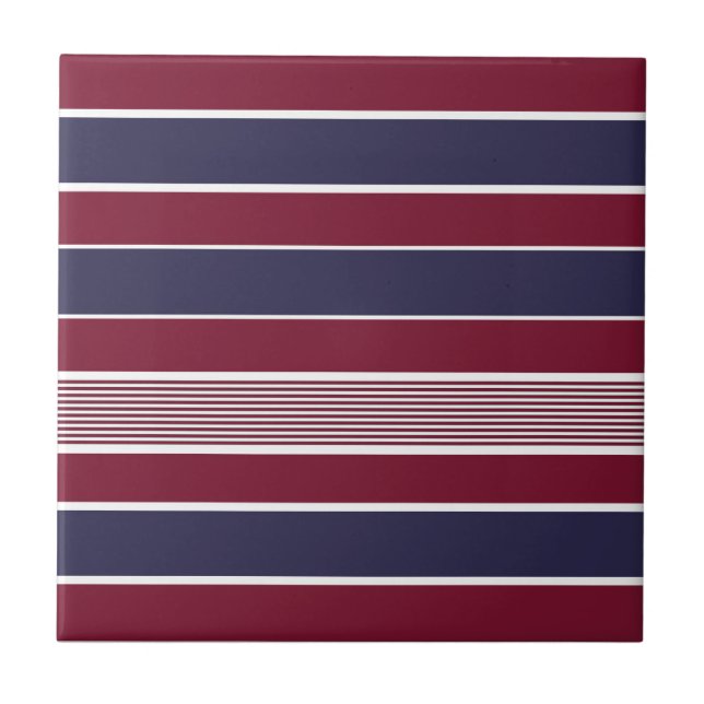 Horizontal stripes, burgundy, navy blue, white ceramic tile (Front)