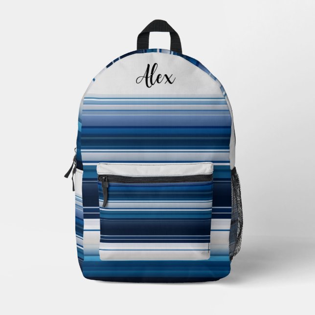 Horizontal Stripes in Blue White and Gray Printed Backpack (Front)