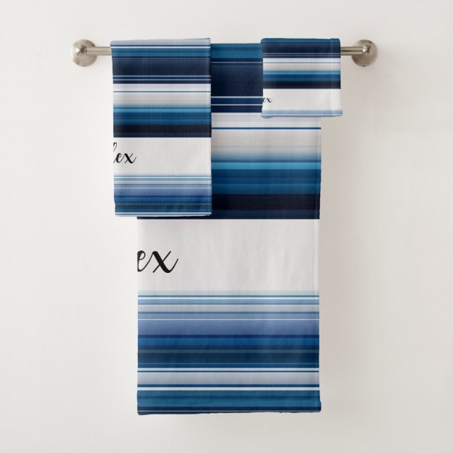Horizontal Stripes in Blue White Gray Bath Towel Set (Insitu)