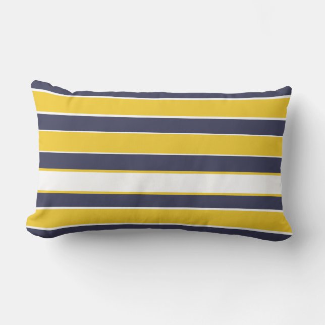 Horizontal stripes, mustard yellow, navy blue, whi lumbar pillow (Front)