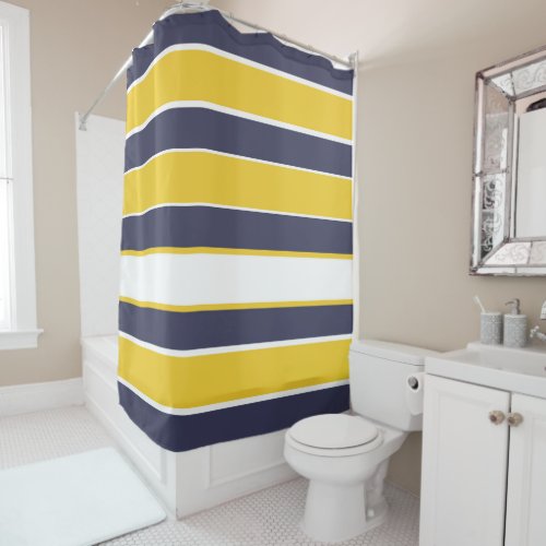 Horizontal stripes mustard yellow navy blue whi shower curtain