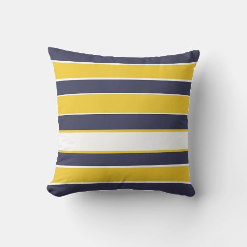 Horizontal stripes mustard yellow navy blue whi throw pillow