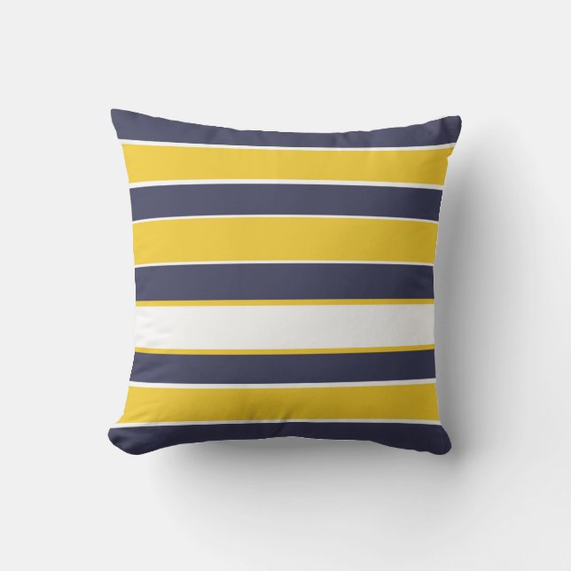 Horizontal stripes, mustard yellow, navy blue, whi throw pillow (Front)