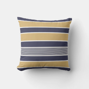 Horizontal stripes, navy blue, ochre, white throw pillow