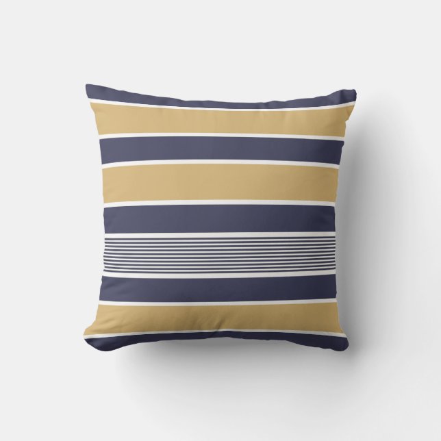 Horizontal stripes, navy blue, ochre, white throw pillow (Front)