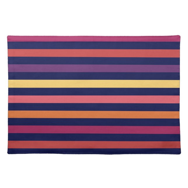 Horizontal Stripes, Navy Blue, Purple, Coral, Red Cloth Placemat (Front)