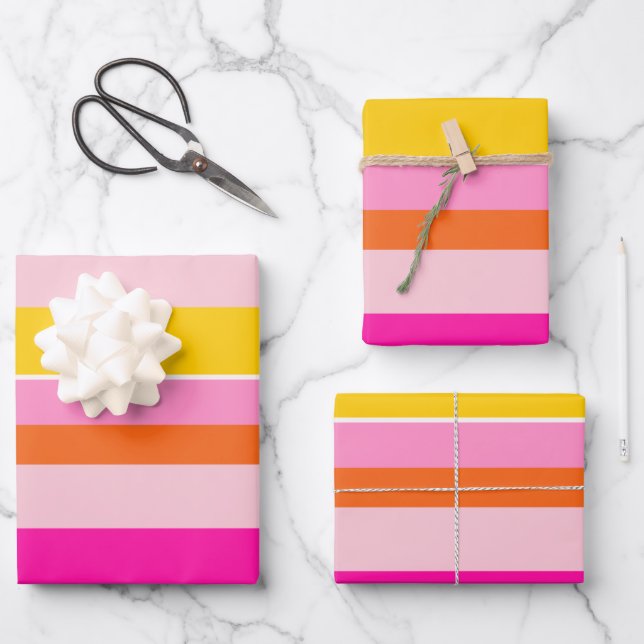 Horizontal Stripes Pink Orange Yellow Striped Wrapping Paper Sheets (Front)