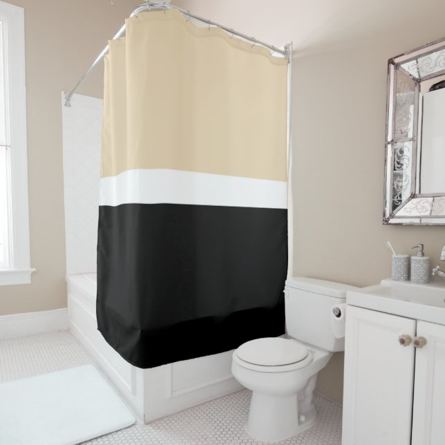 Horizontal Taupe Black Retro Modern Stripe Spring Shower Curtain (In Situ)