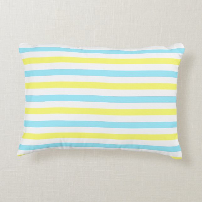 Horizontal Turquoise, Yellow and White Stripes Accent Pillow (Back)