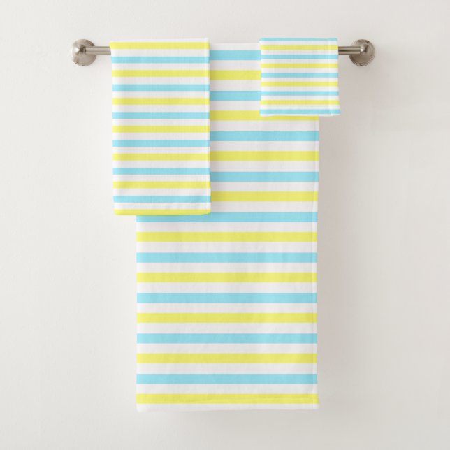 Horizontal Turquoise, Yellow and White Stripes Bath Towel Set (Insitu)