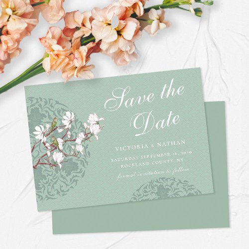 Horizontal Vintage Sage Green Chinoiserie Save The Date
