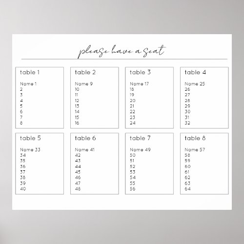 Horizontal Wedding Seating Chart Sign 64 Guests