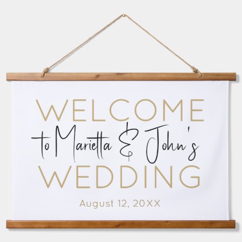 Horizontal White Gold Elegant Wedding Welcome Sign Hanging Tapestry