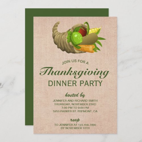 Horn of Plenty  Burlap Thanksgiving Dinner Party Invitation