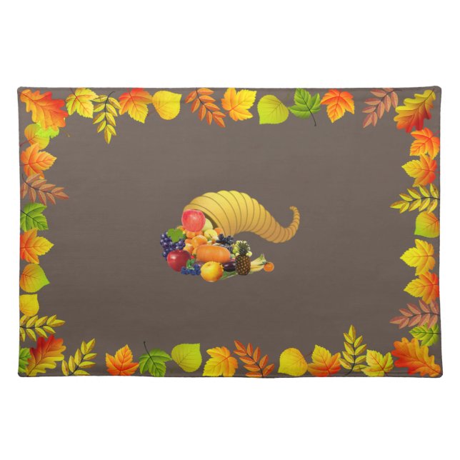 Horn of Plenty & Fall Leaves on Brown Cloth Placemat (Front)