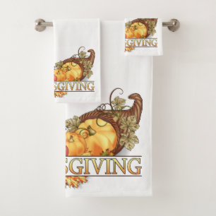 Horn of Plenty Thanksgiving On White Bath Towel Set