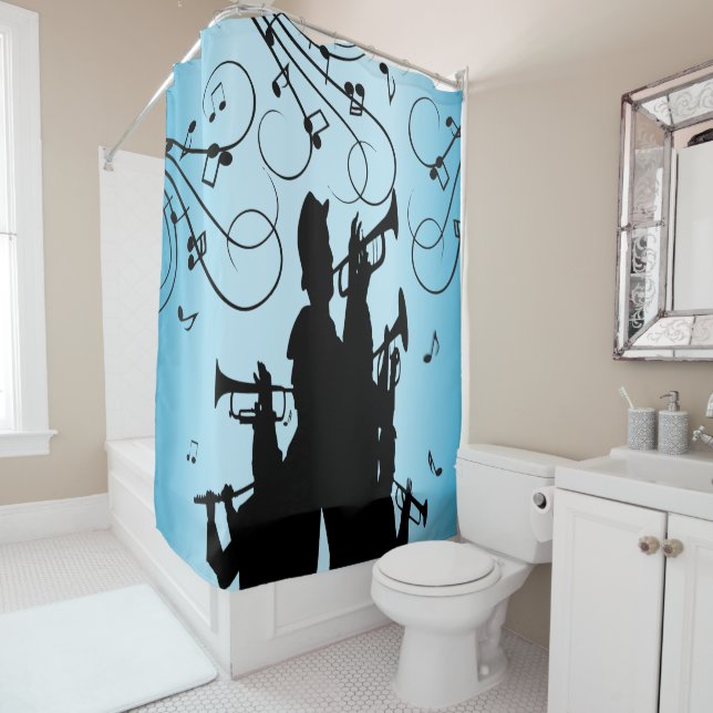 Horn Section Trumpet Jazz Music Blue Shower Curtain (In Situ)