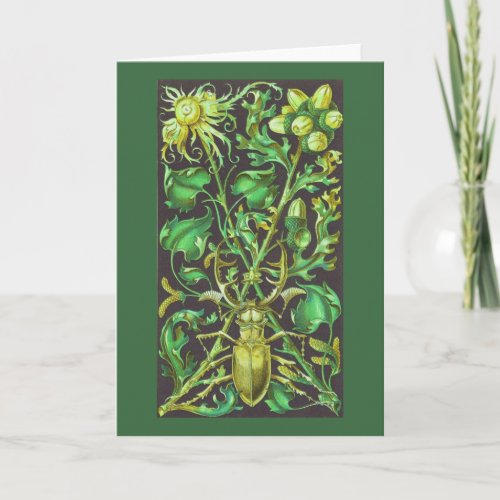 Horned Beetle in Gold and Green Vintage Print Card