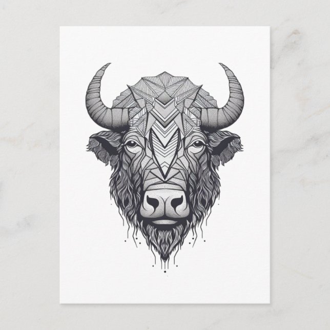 Horned Bison Buffalo Black and White Portrait  Postcard (Front)