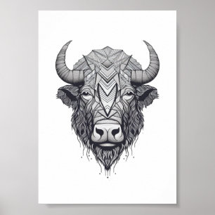 Horned Bison Buffalo Black and White Portrait Poster