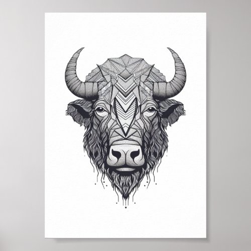 Horned Bison Buffalo Black and White Portrait  Poster