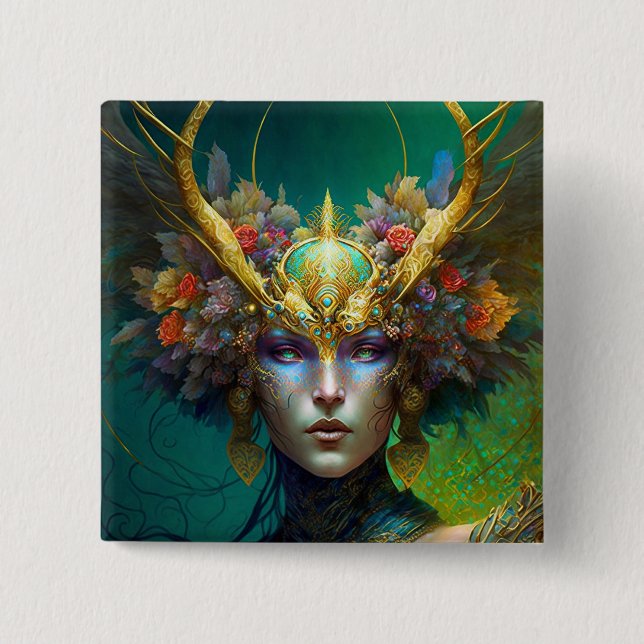 Horned Elf Woman Fantasy Art Button (Front)