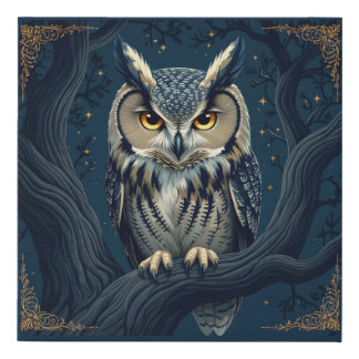Horned owl at night faux canvas print